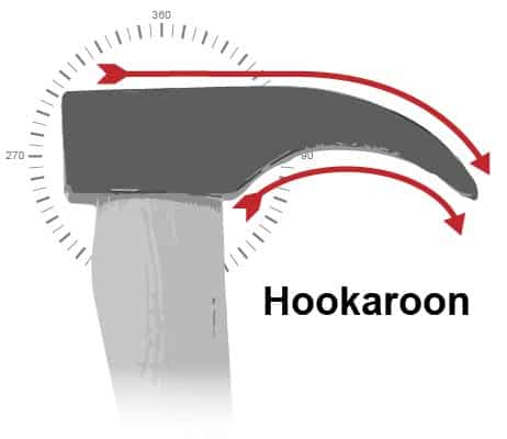 Hookaroon: Hooked point curving towards the handle.